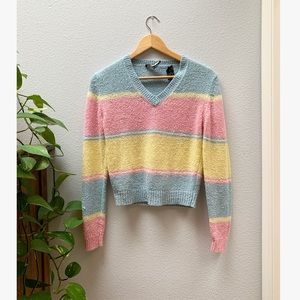 Vintage Pastel Striped V Neck Sweater Small